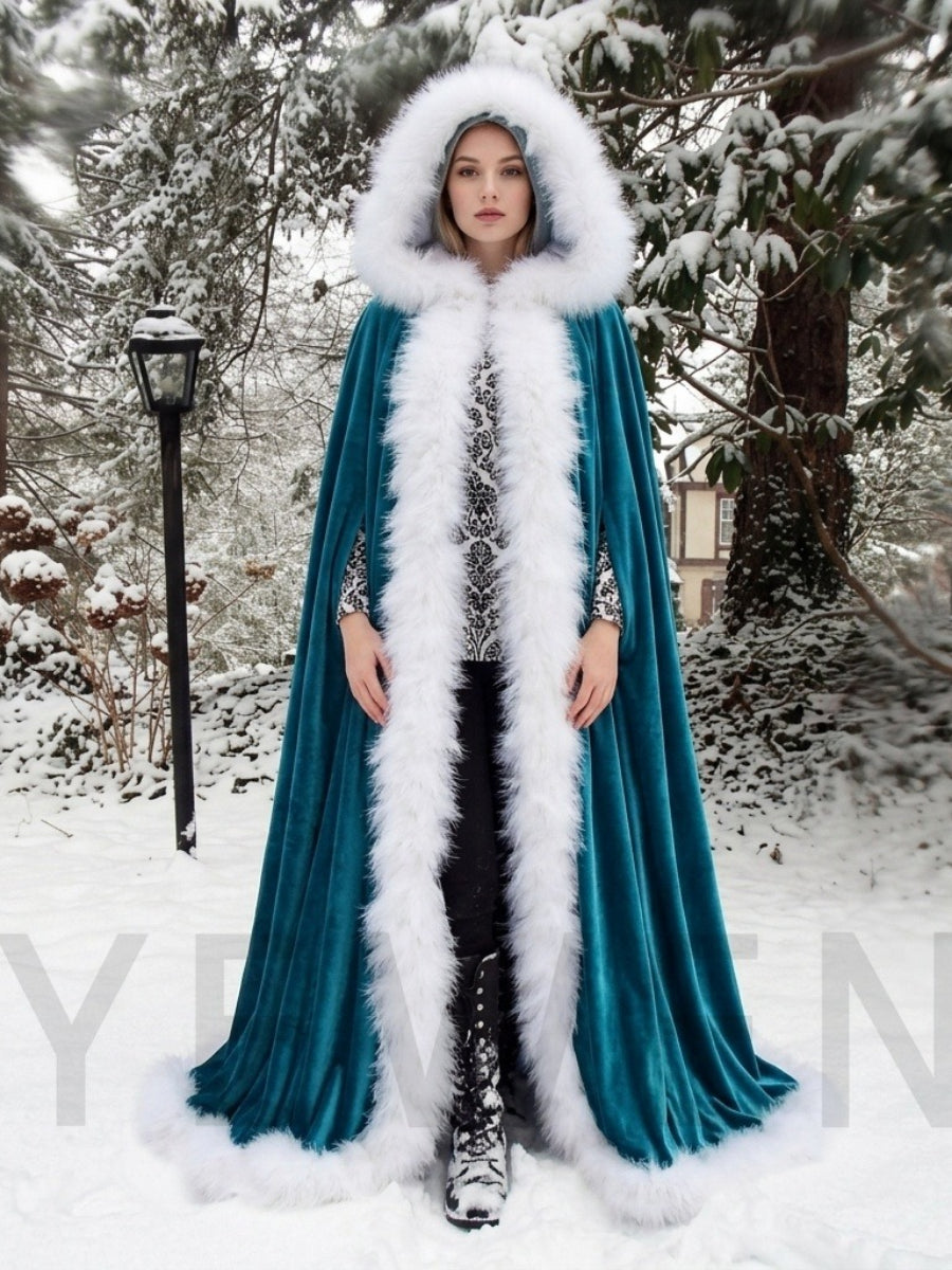 Velvet Hooded Christmas Cape with White Faux Fur Trim YD261013