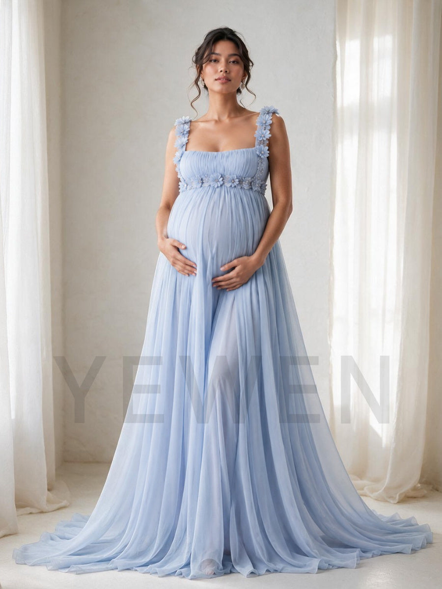 Light Blue Square Neck 3D Floral Maternity Baby Shower Dress L-26926