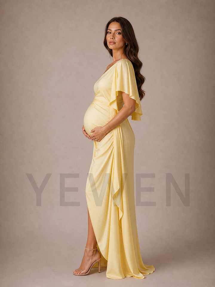 Pastel Yellow Maternity Baby Shower Dress One Shoulder Flutter Sleeve Gown ZX012