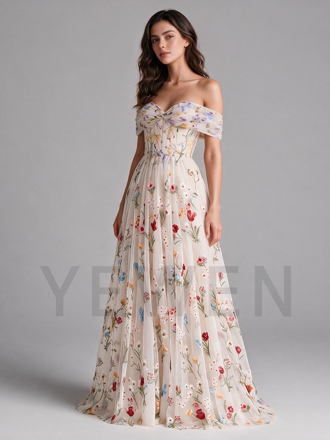Nude A-Line Off-Shoulder Twist Front Floral Wedding Dress