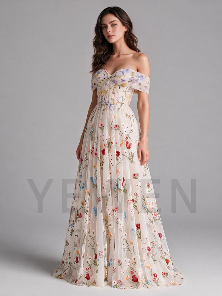 Nude A-Line Off-Shoulder Twist Front Floral Wedding Dress