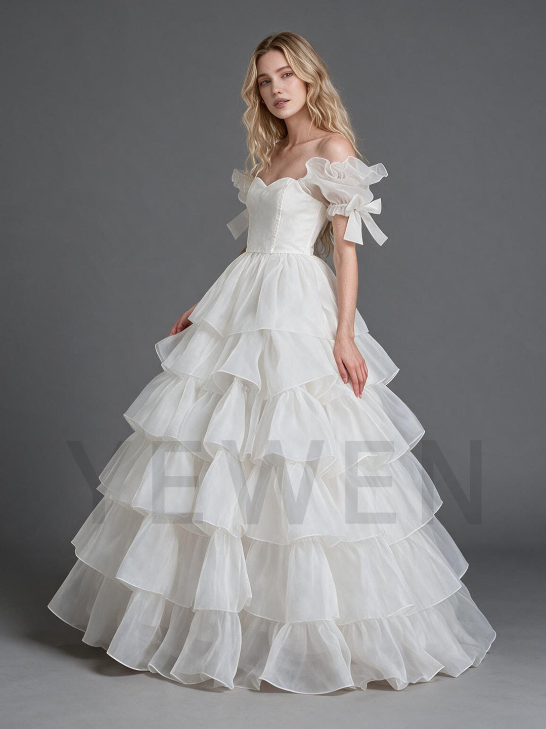 White Off-Shoulder Puff Sleeve Tiered Ruffle Princess Dress YW2610135