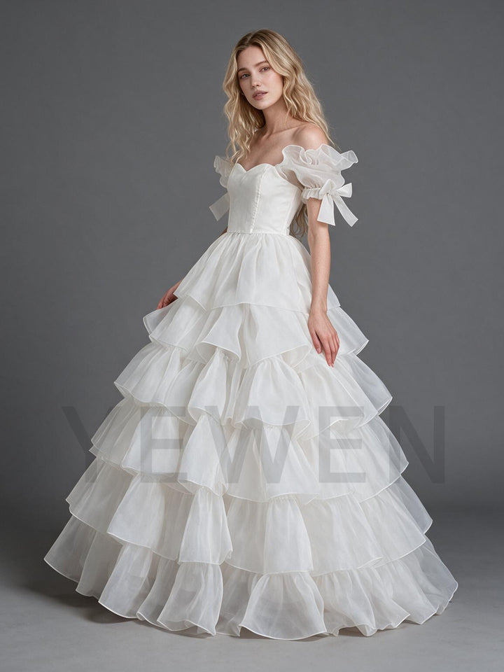 White Off-Shoulder Puff Sleeve Tiered Ruffle Princess Dress YW2610135