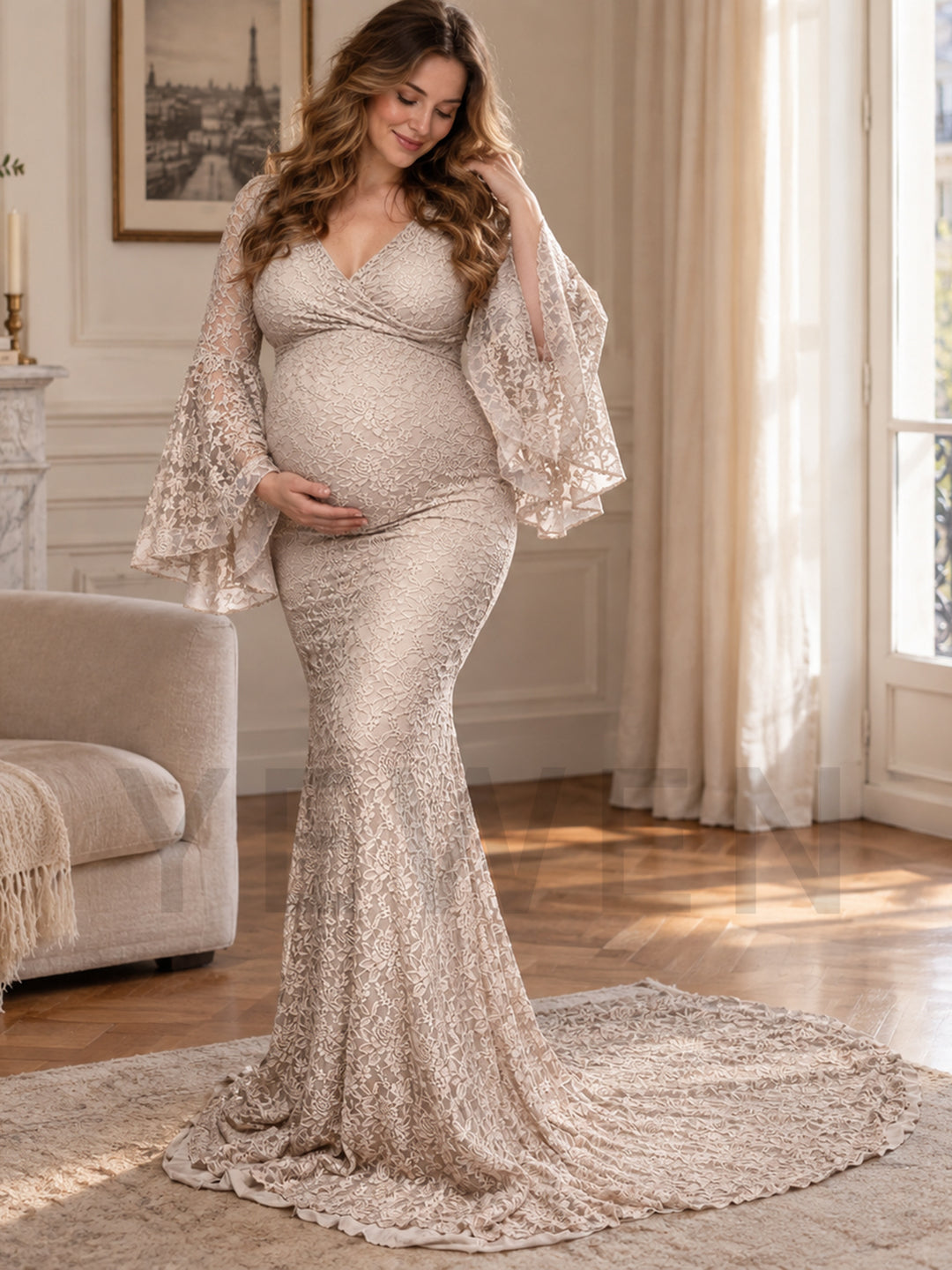 Lace Bell Sleeve V-Neck Mermaid Maternity Photoshoot Gown YW2609307