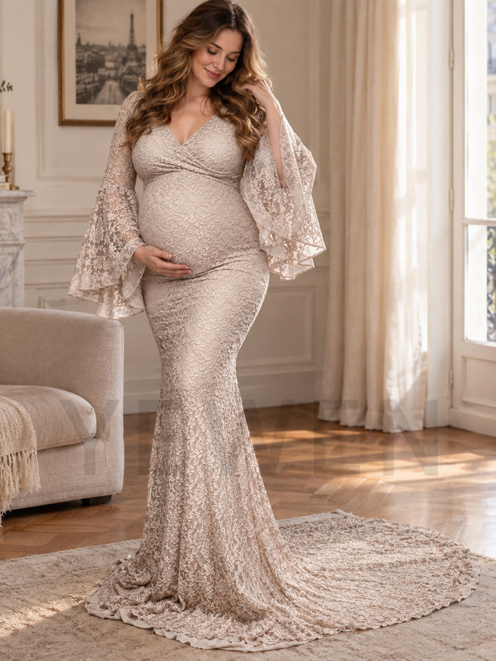 Lace Bell Sleeve V-Neck Mermaid Maternity Photoshoot Gown YW2609307