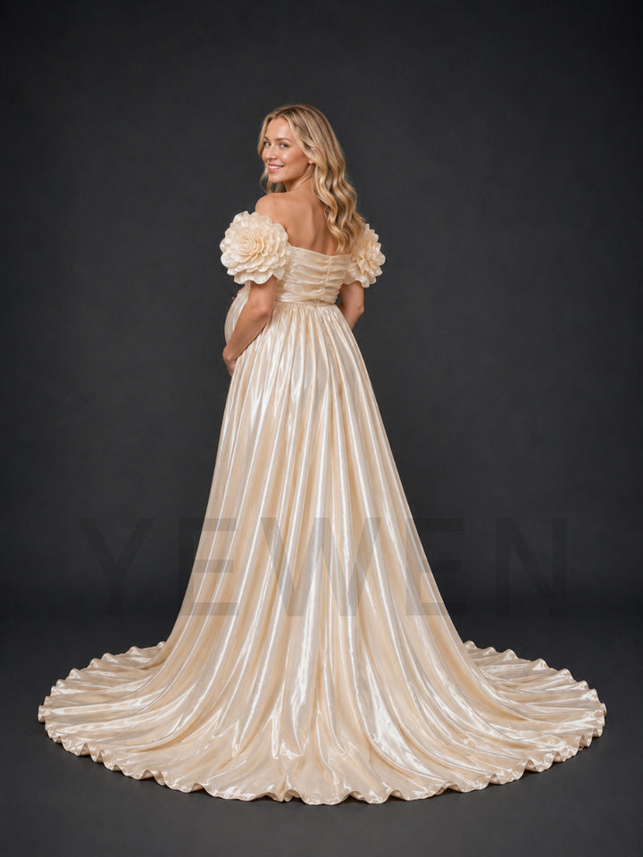 Champagne Off-Shoulder 3D Rose Satin Maternity Photoshoot Gown HY269003