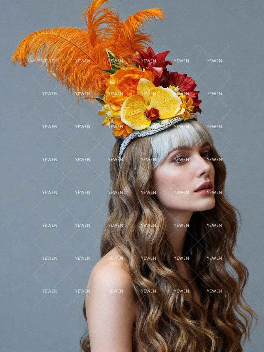Hair Accessories Tropical Orange Feather Floral Fascinator for  Photo Shoots and Wedding Boho Hat Fascinator  YW 260317D