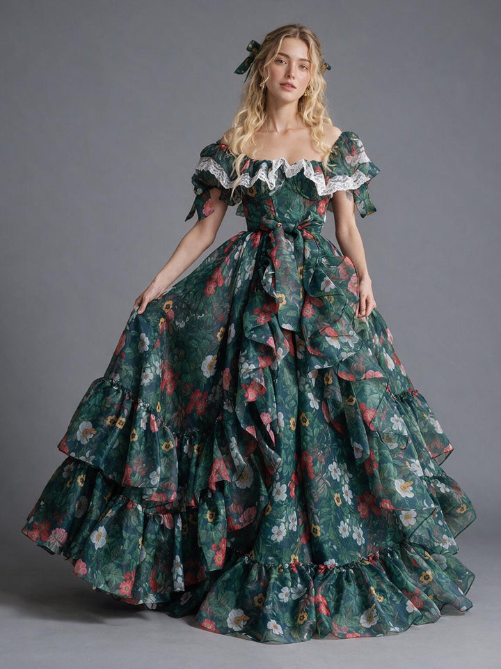 Green Floral Print Lace Ruffle Puff Sleeve Princess Dress YM260903