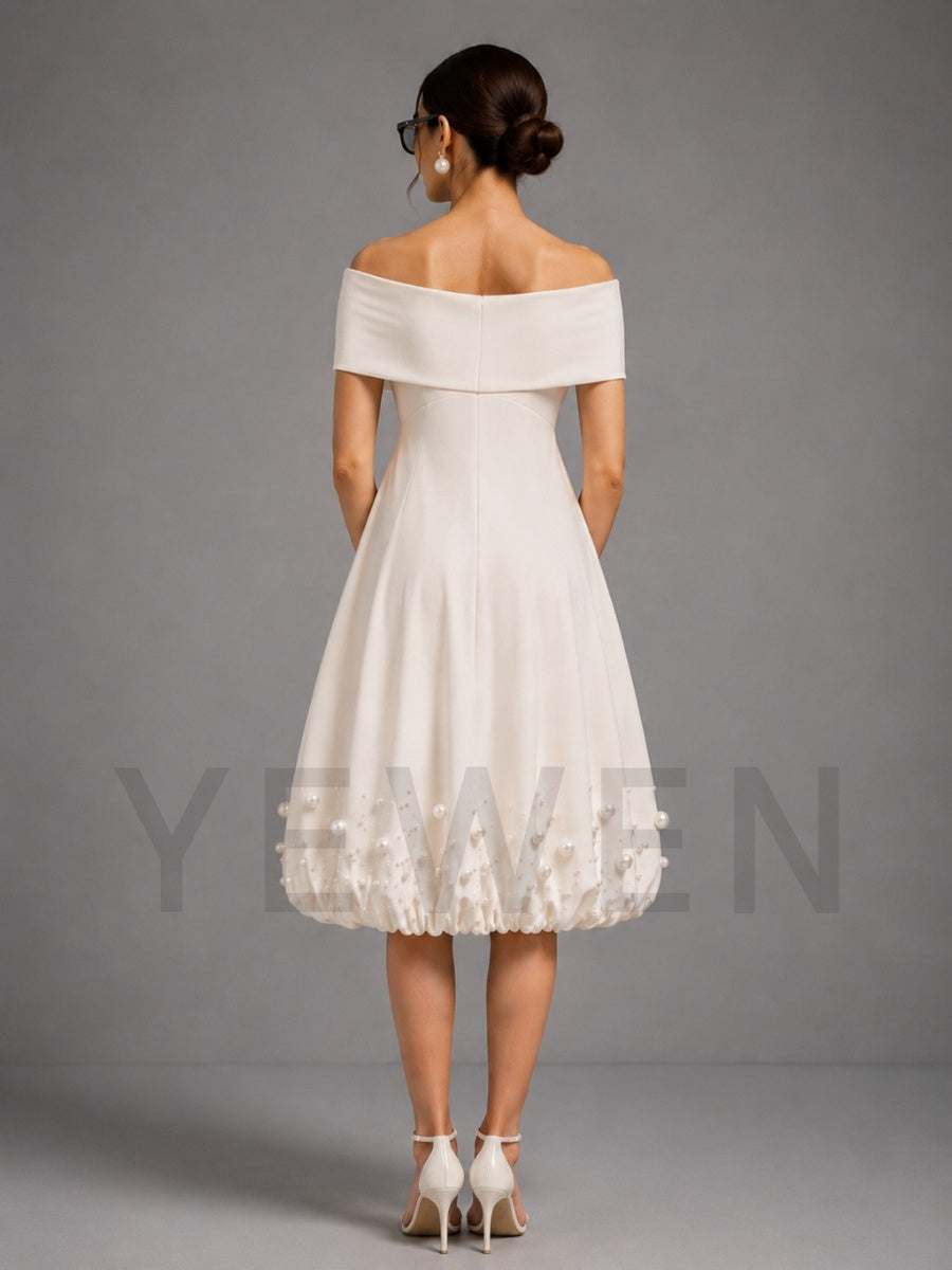 Ivory Off-Shoulder Maternity Baby Shower Dress with Pearl Bubble Skirt L-26927