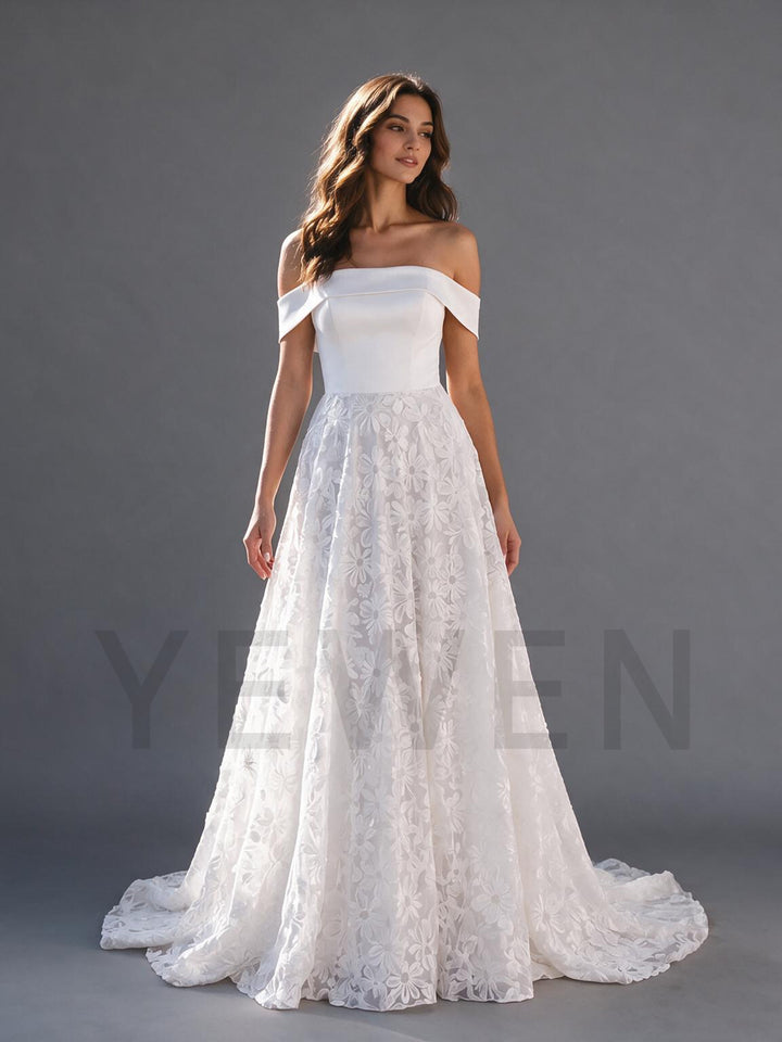 Ivory Off-Shoulder Fitted Corset Floral Lace Wedding Dress