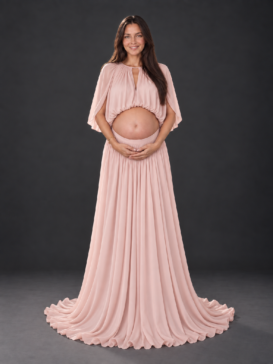 Keyhole Cape Sleeve Chiffon Maternity Photoshoot Gown HA260919