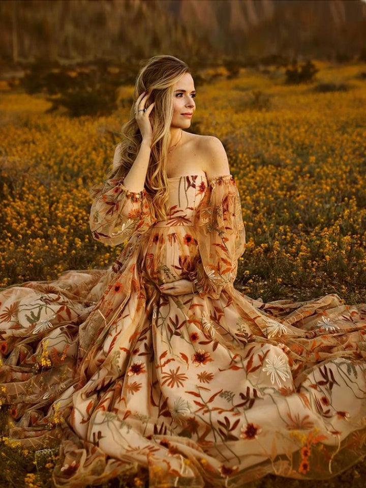 Off Shoulder Long Sleeve Embroidery Lace Colored Wedding Dress Photo Shoot Dress YW230320