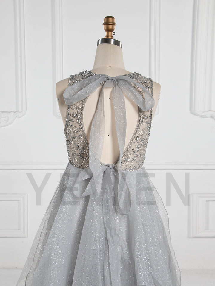 A-Line Beaded Prom Dress Floor-Length Sparkle Fabric Evening Wear Photo Shoot Dress B001