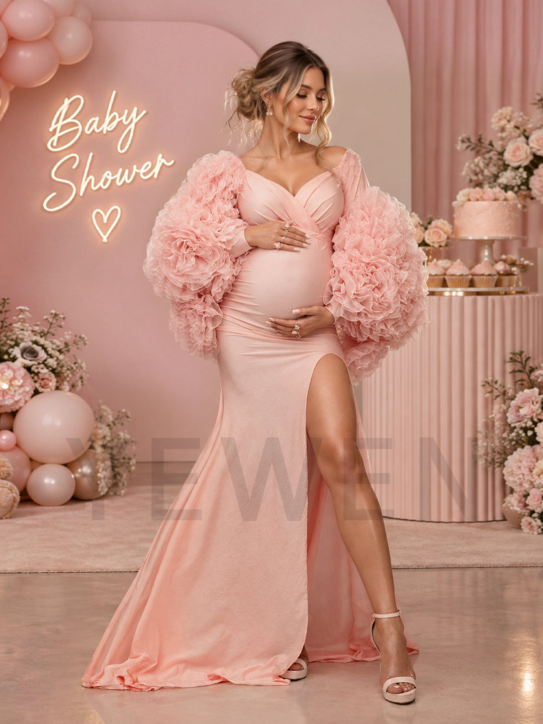 Pink 3D Floral Cape High Slit Maternity Gown for Photoshoot YW2610195