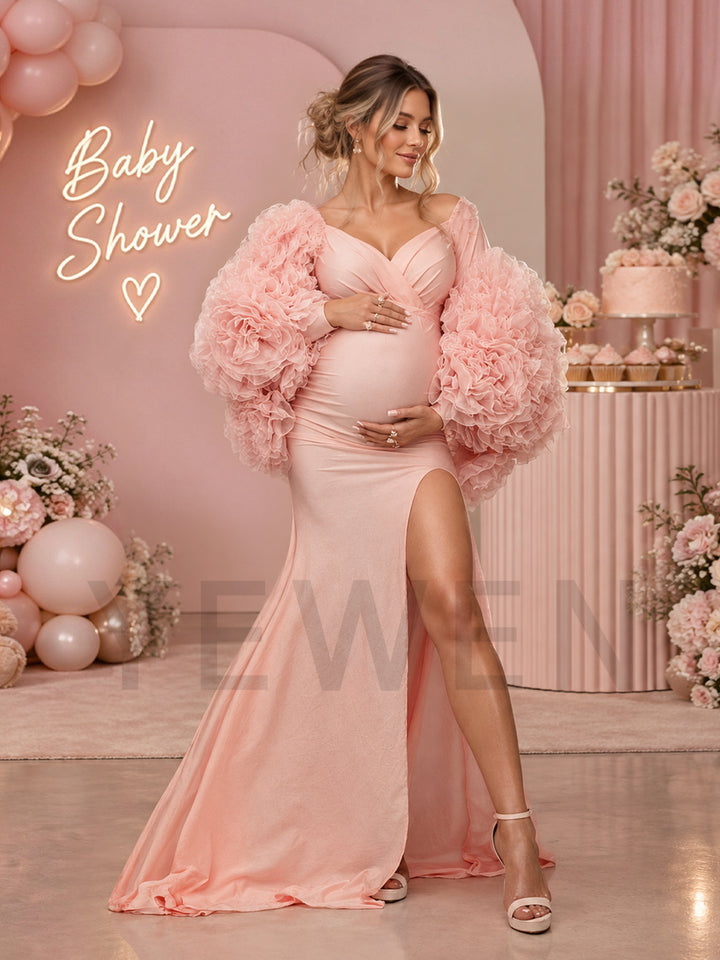 Pink 3D Floral Cape High Slit Maternity Gown for Photoshoot YW2610195