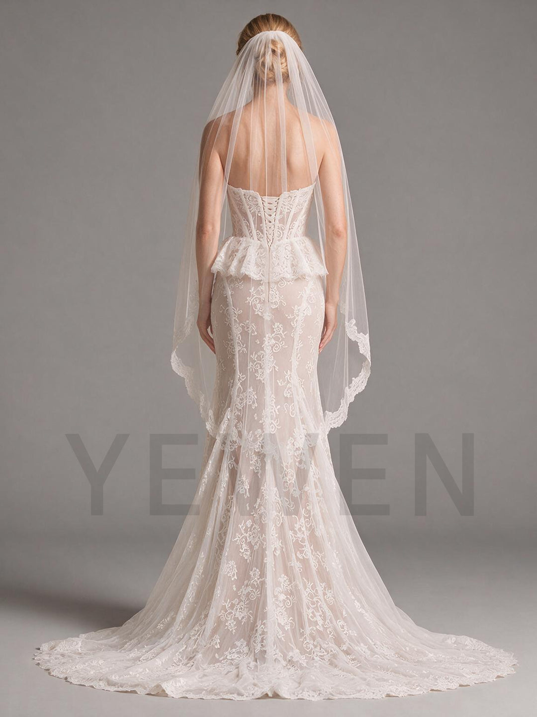 Ivory Sweetheart Corset Peplum Lace Mermaid Wedding Dress (without Veil)