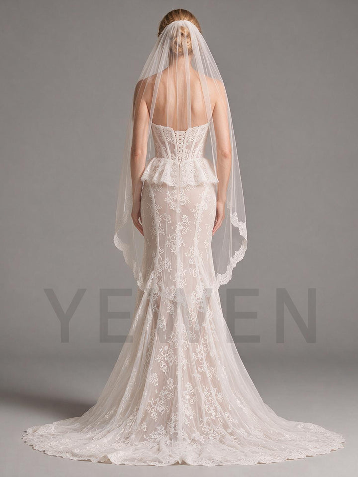 Ivory Sweetheart Corset Peplum Lace Mermaid Wedding Dress (without Veil)