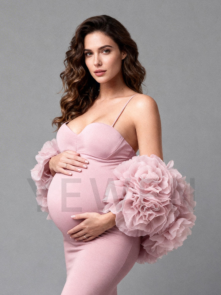 Pink Rose Cape Maternity Dress Photoshoot 2 Piece Set Gown