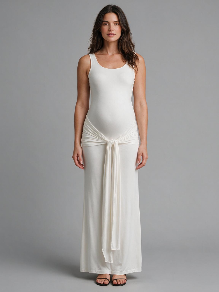 Scoop Neck Maternity Baby Shower Dress with Knotted Front and Draped Sashes