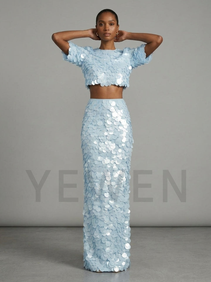 Two-Piece Sequin Party Dress Set with Crop Top and Long Skirt YD261005