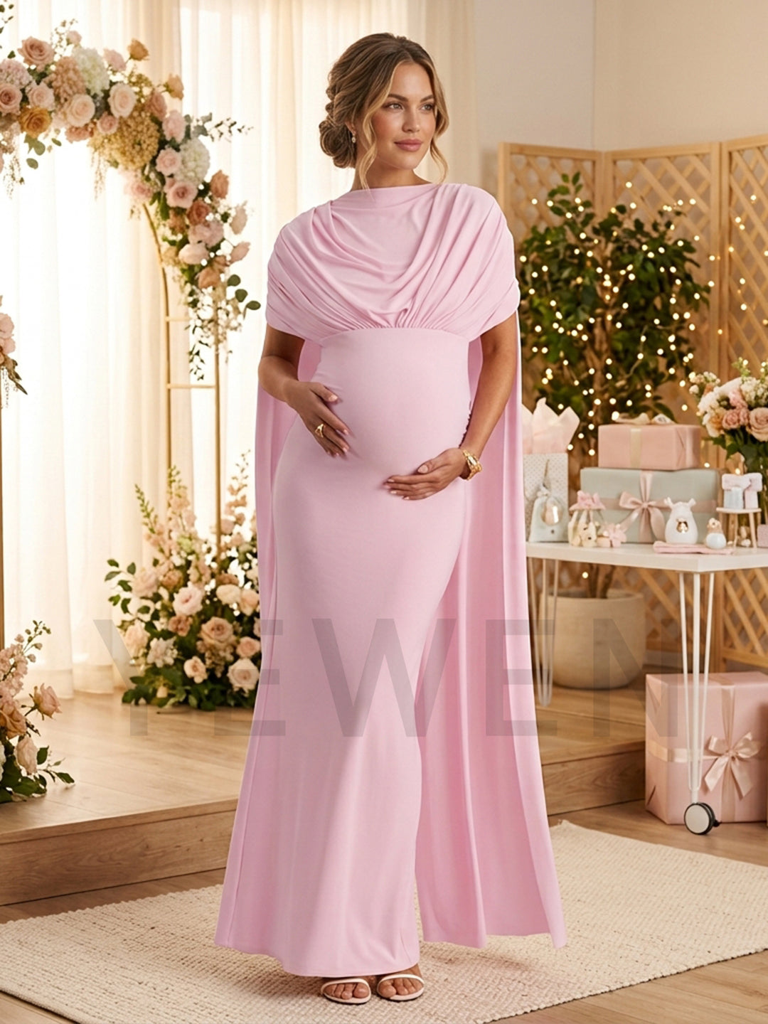 High Neck Ruched Long Cape Maternity Dress for Baby Shower YM261010