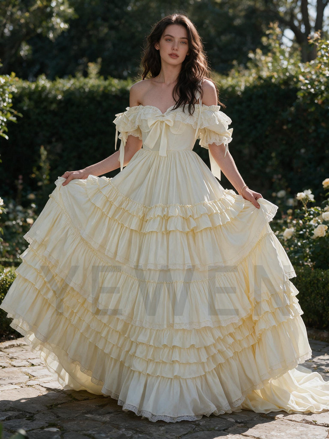 Cream Off-Shoulder Puff Sleeve Tiered Ruffle Princess Dress YW2610168