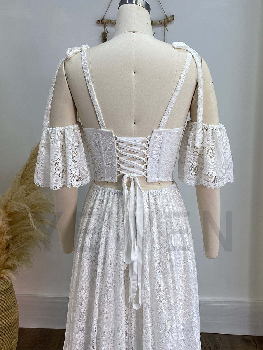 Boho Lace Maxi Dress for Wedding Vintage Bohemian Bridal Dress Elopement Dress YW240036