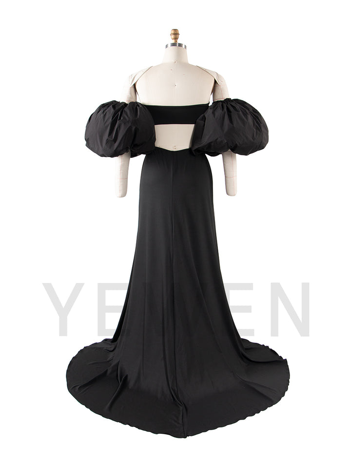 Stretch Mermaid Maternity Photoshoot Dress Puffy Sleeve Baby Shower Gown YW251024