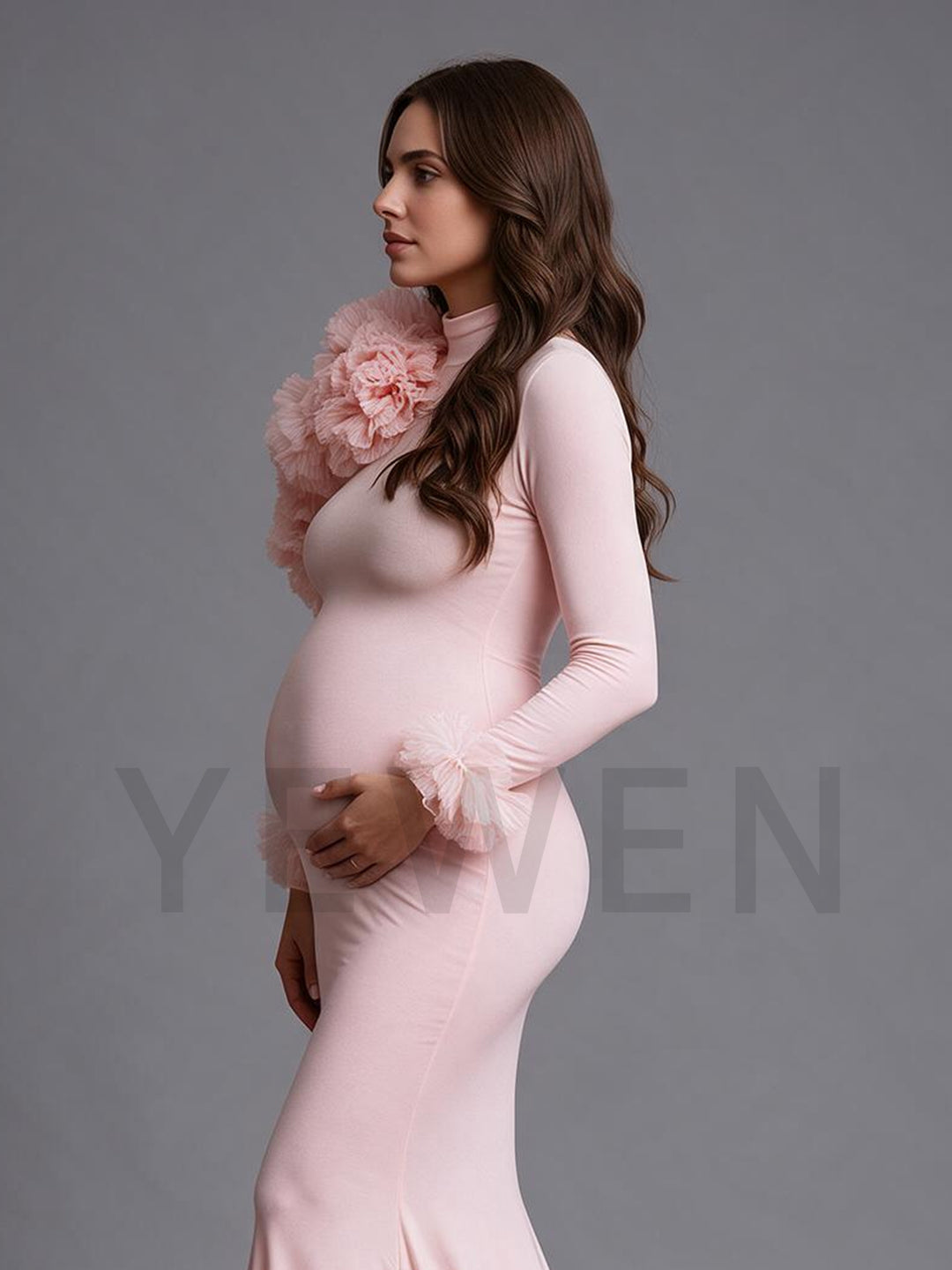 Pink Long Sleeve 3D Floral Mermaid Maternity Photoshoot Gown YW2610142
