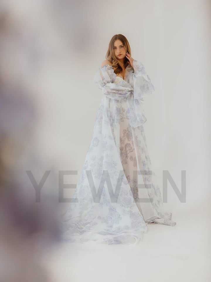 Printed Floral Organza Dresses Photoshoot Gown Side Leg Slit  YW221105-2