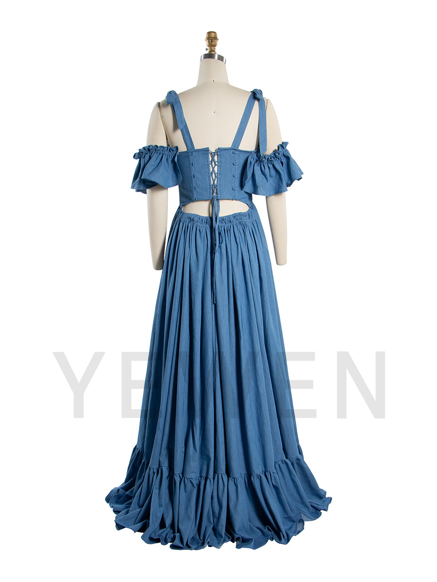 denim off the shoulder maxi dress Vixey Casual Drop Shoulder V Neck Front Slit Denim Maxi Dress With Pockets, Off Duty, Everyday Outfit, Weekend Street Style, Travel Effortless