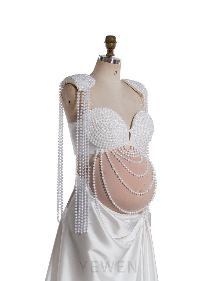 2 Piece Set Pearls Maternity Dress Photoshoot Custom Made Baby Shower Dress for Pregnant Women YW250085