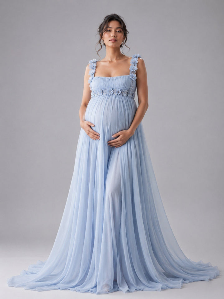 Light Blue Square Neck 3D Floral Maternity Baby Shower Dress L-26926
