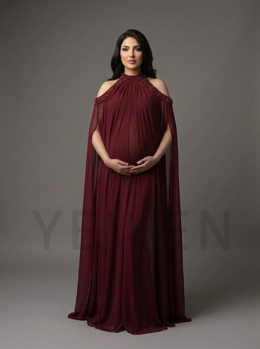 Rhinestone Cold Shoulder Cape Maternity Baby Shower Dress YD261008