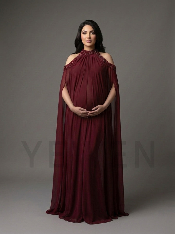 Rhinestone Cold Shoulder Cape Maternity Baby Shower Dress YD261008