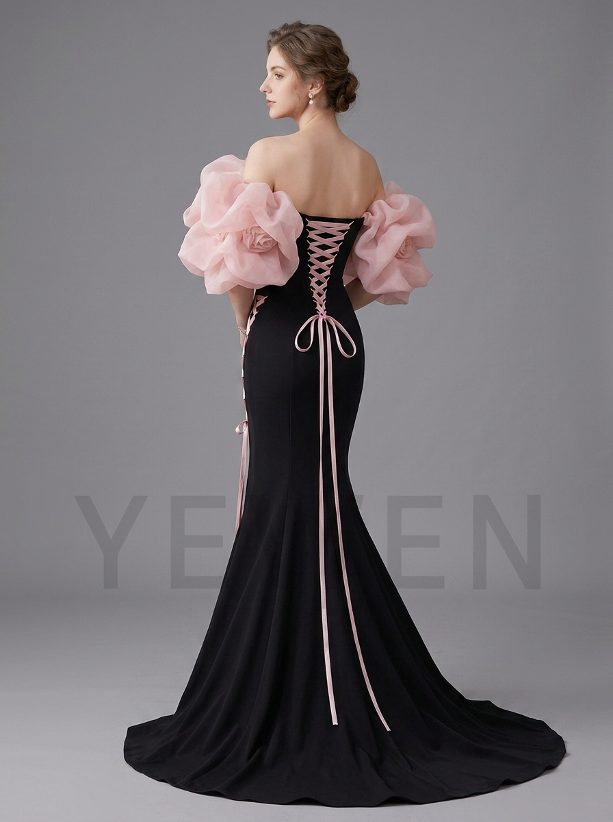Black Mermaid Photoshoot Gown with Pink Corset Lace Up Leg Slit Size YD260808