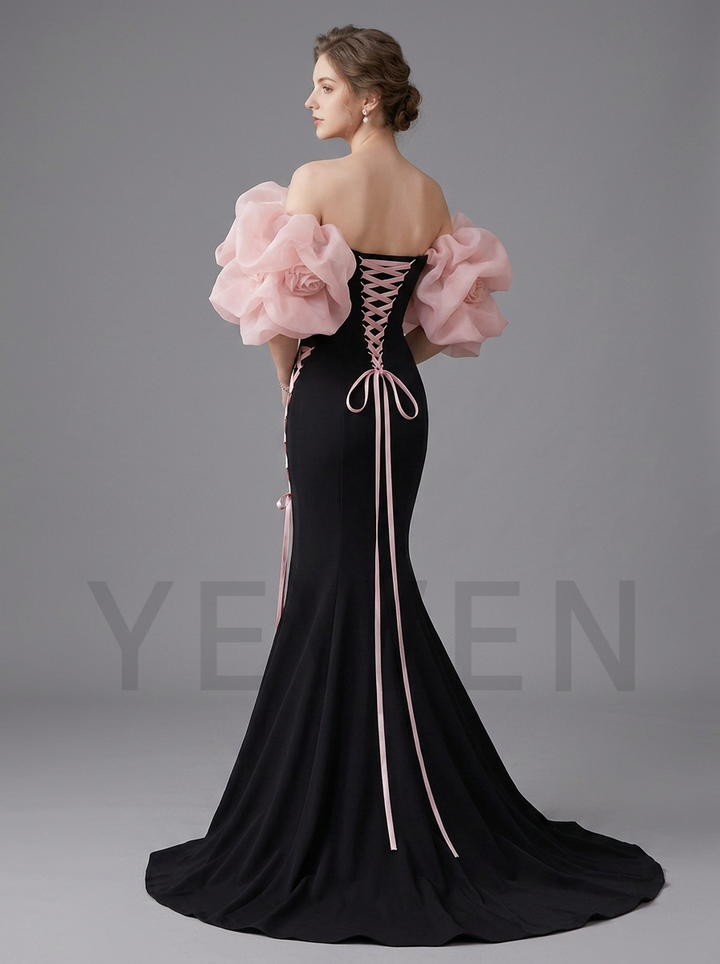 Black Mermaid Photoshoot Gown with Pink Corset Lace Up Leg Slit Size YD260808