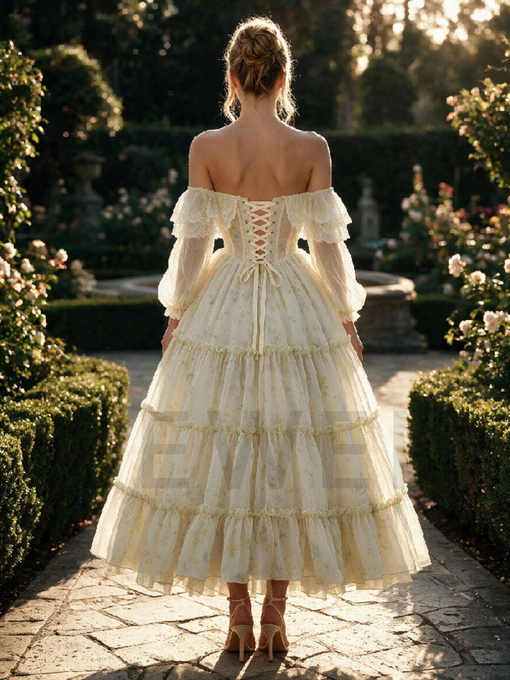 Yellow Floral Layered Ruffle Princess Dress With Puff Sleeve Corset WT268015