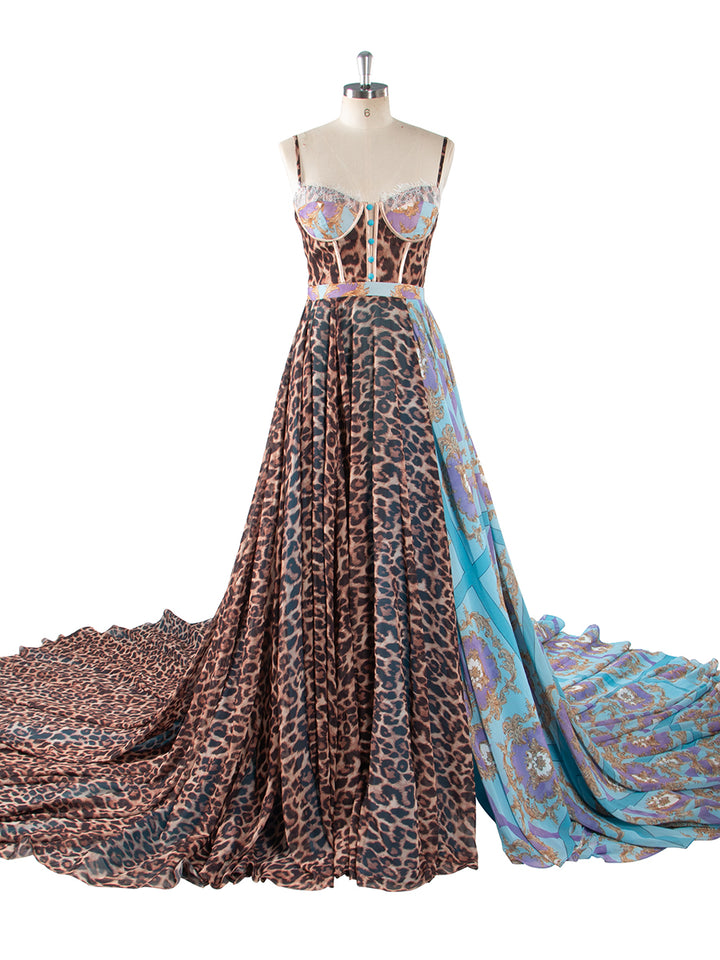 Luxury Leopard Print & Baroque Mixed Pattern Maxi Dress with Train for Women Photoshoot Outfit YW250066
