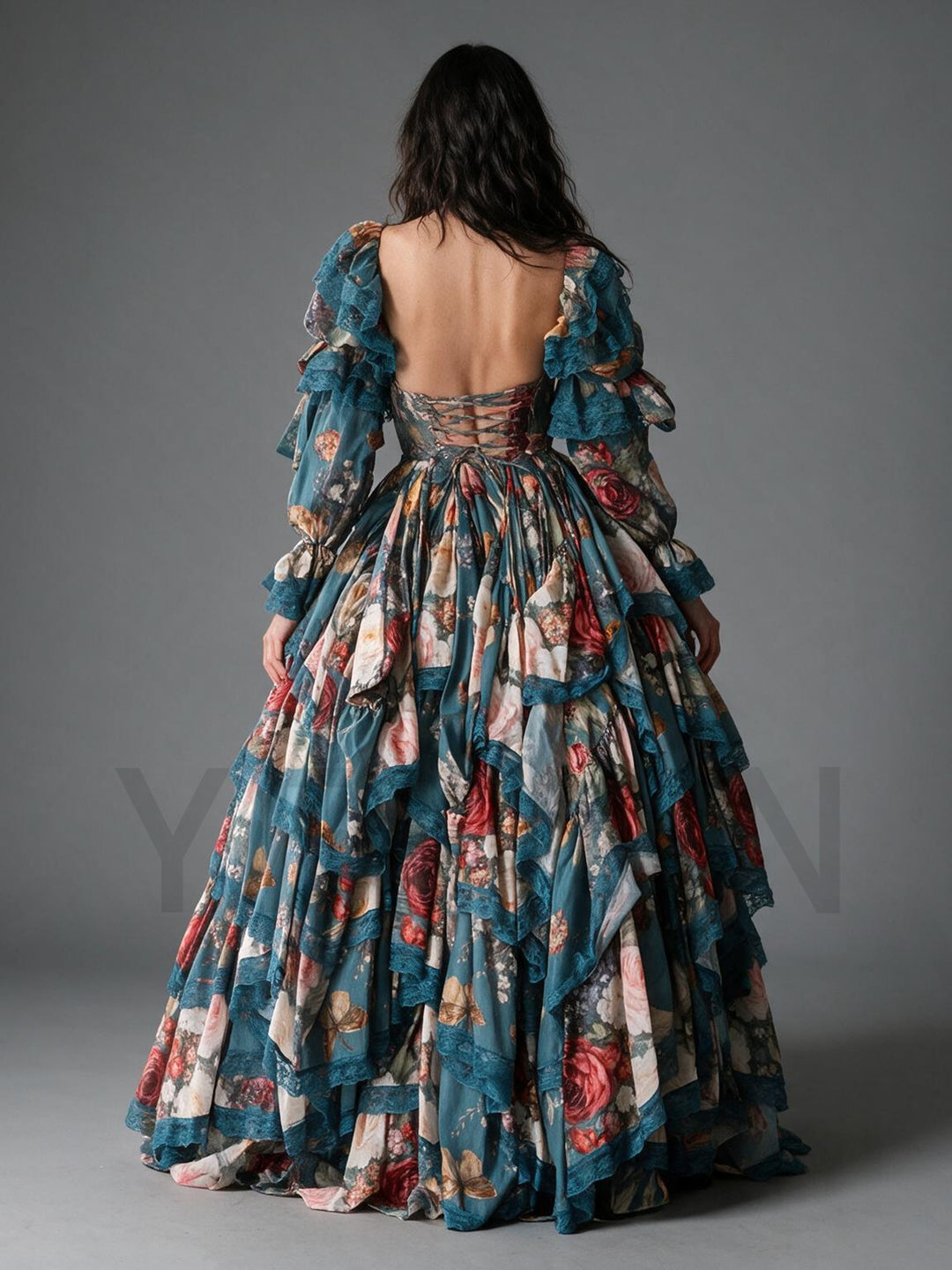 Teal Floral Lace Square Neck Tiered Ruffle Princess Dress YW26101412