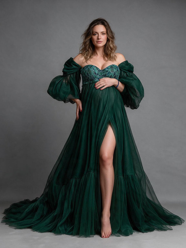 Puff Sleeve Sequin Off-Shoulder Maternity Photoshoot Gown YW2610145