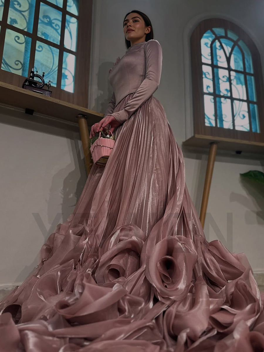 Luxury Evening Dresses Big 3D flowers Pleated Skirt Long Sleeves Evening Gown