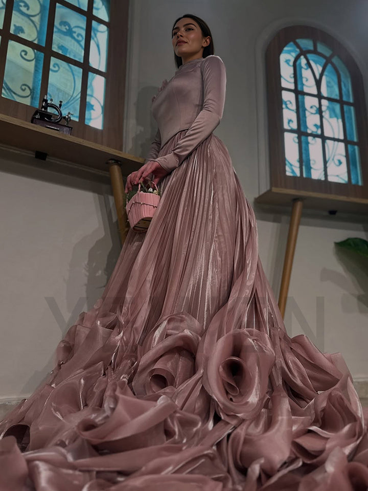 Luxury Evening Dresses Big 3D flowers Pleated Skirt Long Sleeves Evening Gown