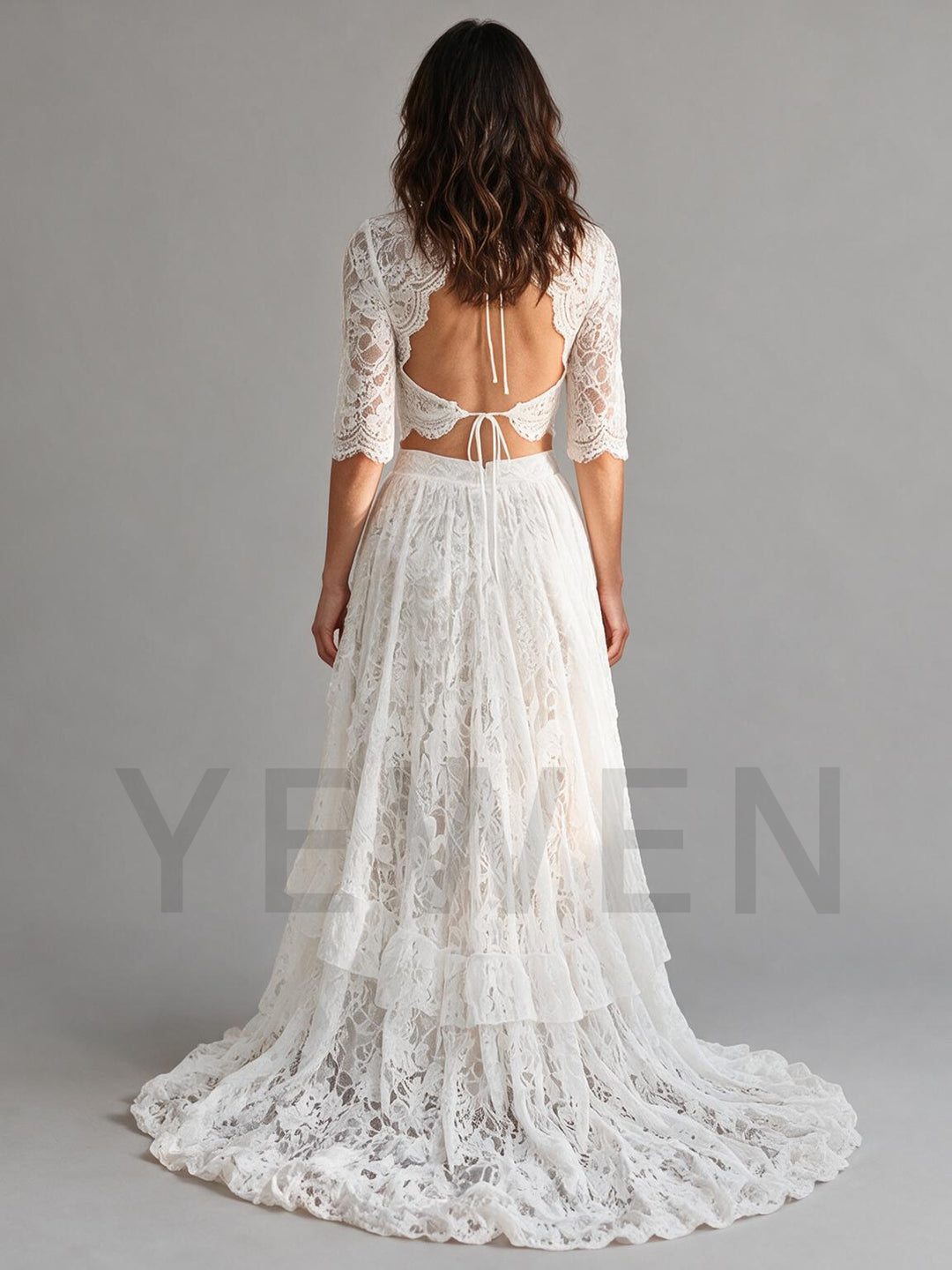 Ivory Two-Piece V-Neck Lace Crop Top Elbow Sleeve Boho Wedding Dress