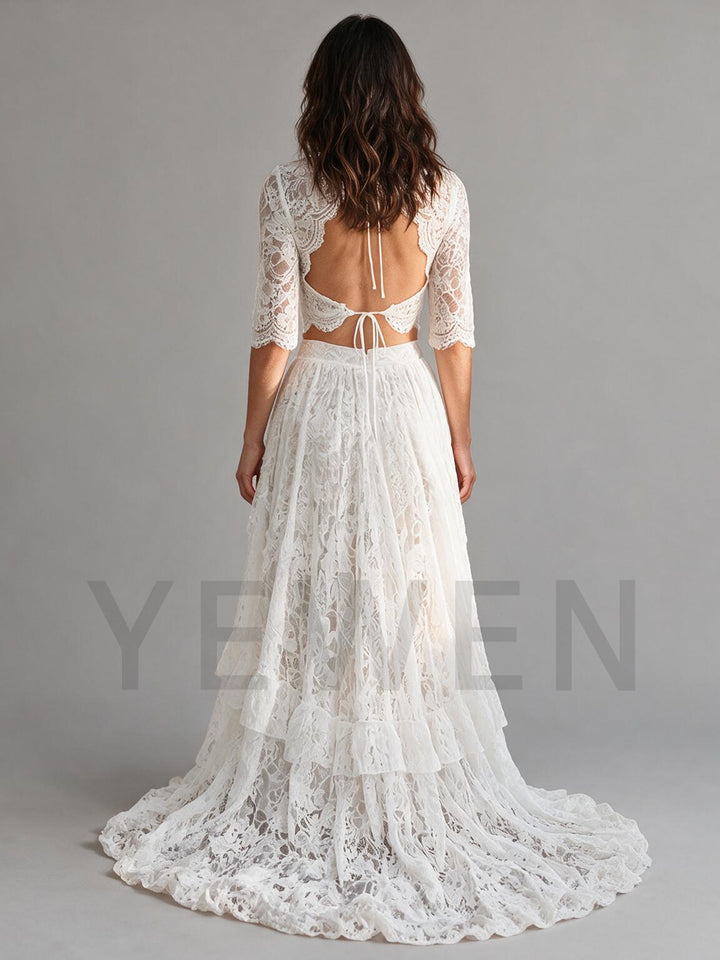 Ivory Two-Piece V-Neck Lace Crop Top Elbow Sleeve Boho Wedding Dress