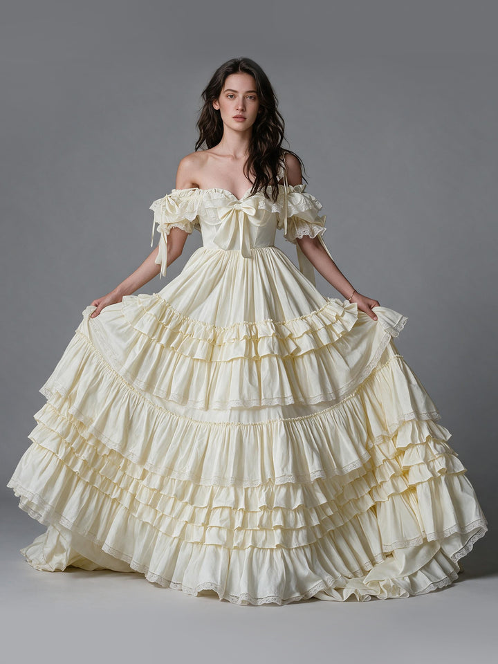 Cream Off-Shoulder Puff Sleeve Tiered Ruffle Princess Dress YW2610168