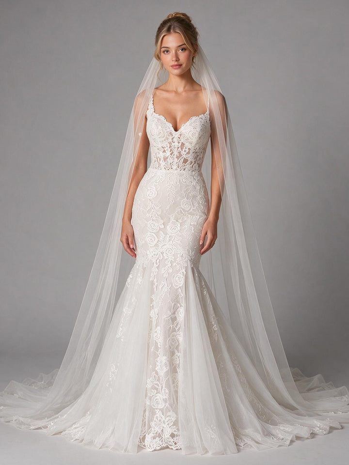 Ivory Spaghetti Strap Mermaid Floral Lace Wedding Dress (without Veil)