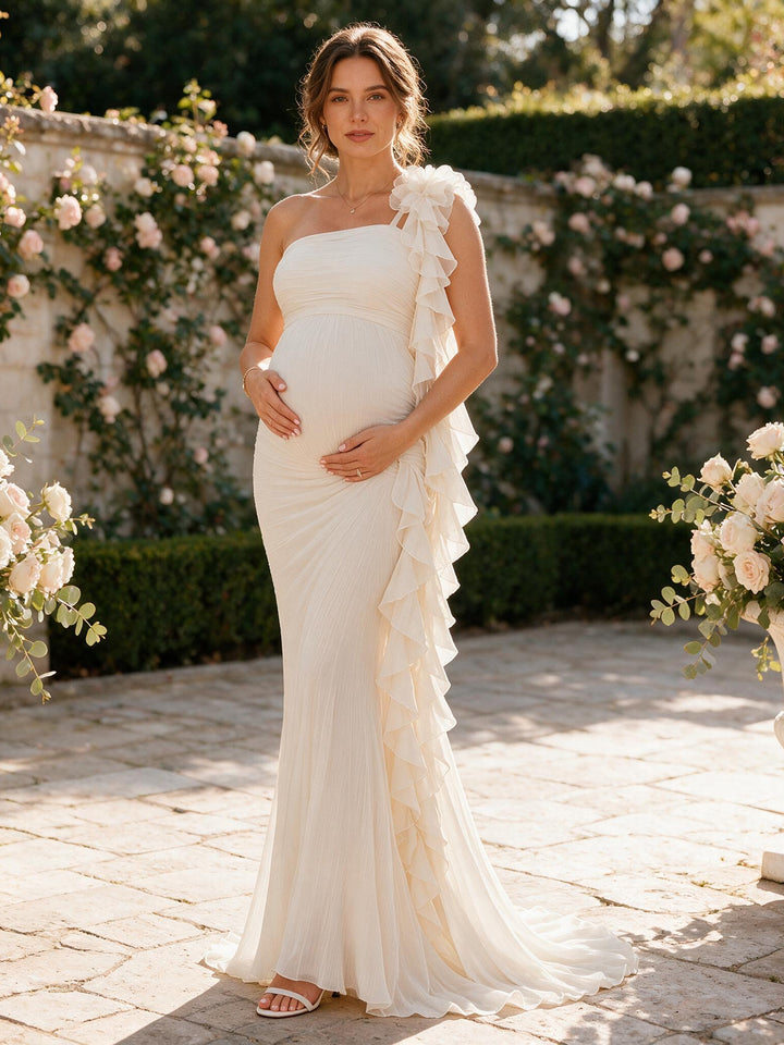 Cream Pleated Chiffon Maternity Gown One Shoulder Cascading Ruffle Baby Shower Dress