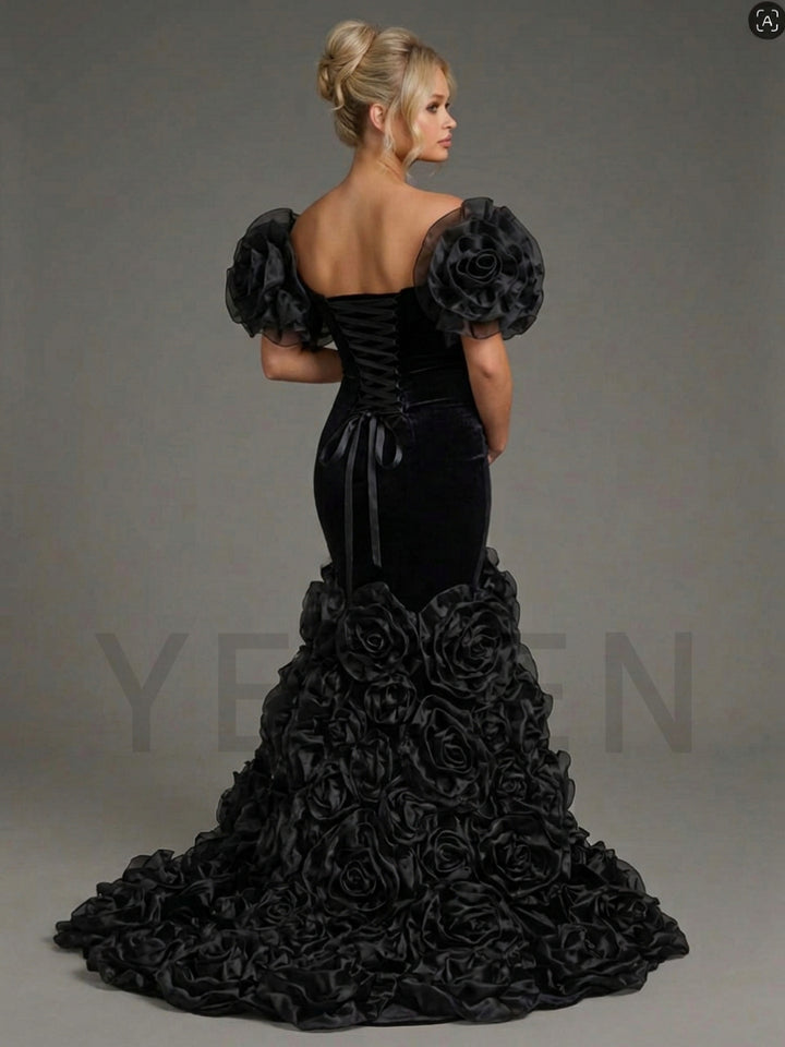 Velvet Off-Shoulder 3D Rose Mermaid Maternity Photoshoot Gown YD260919