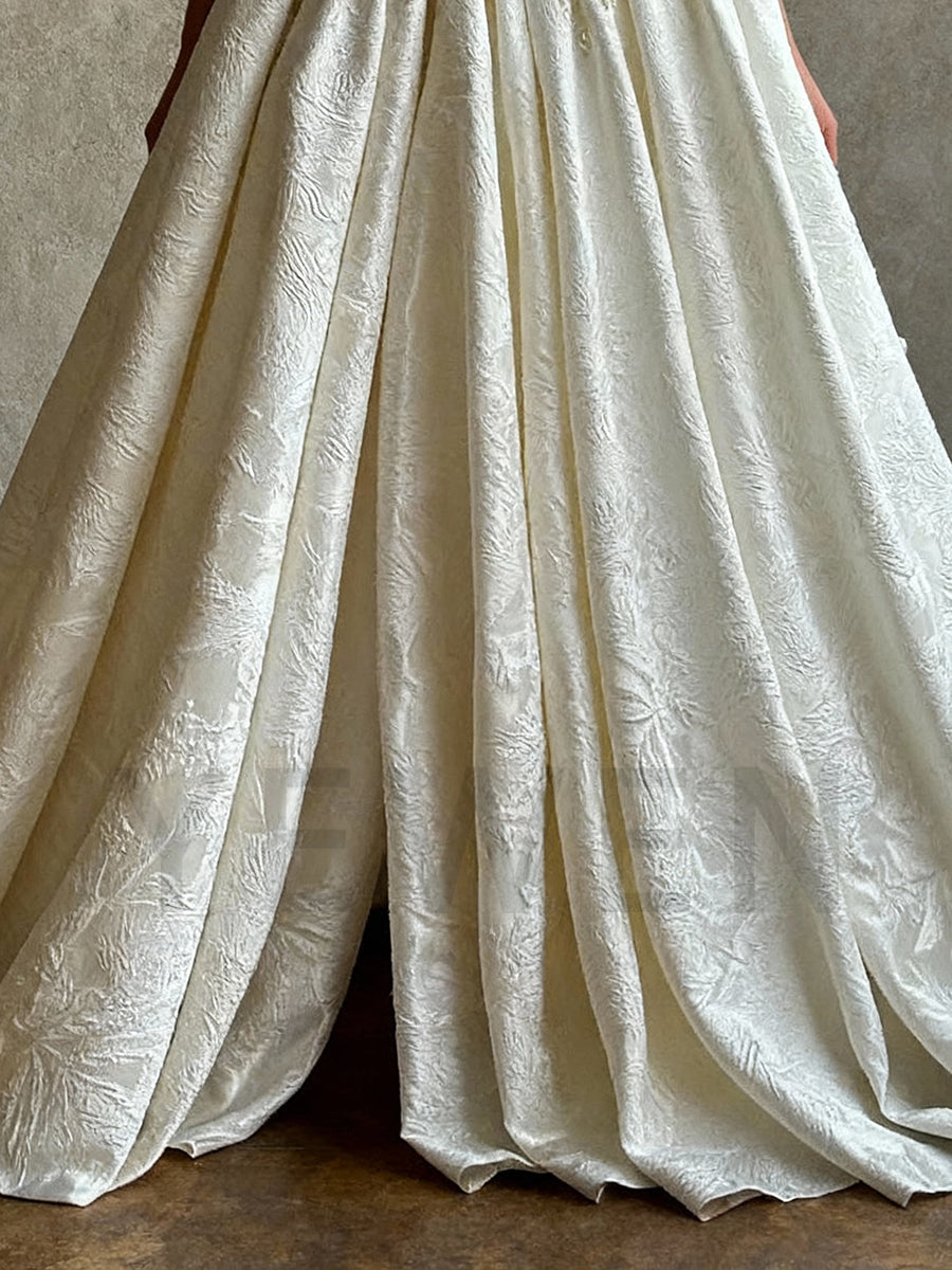 Romance Bridal Gown Floral-textured Brocade Fabric A Line Wedding Dress